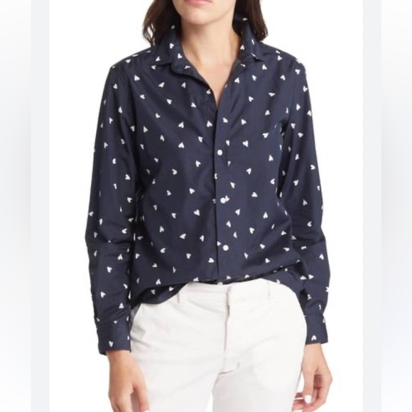 Frank & Eileen Silvio woven navy with white hearts cotton button up size S - Picture 1 of 9